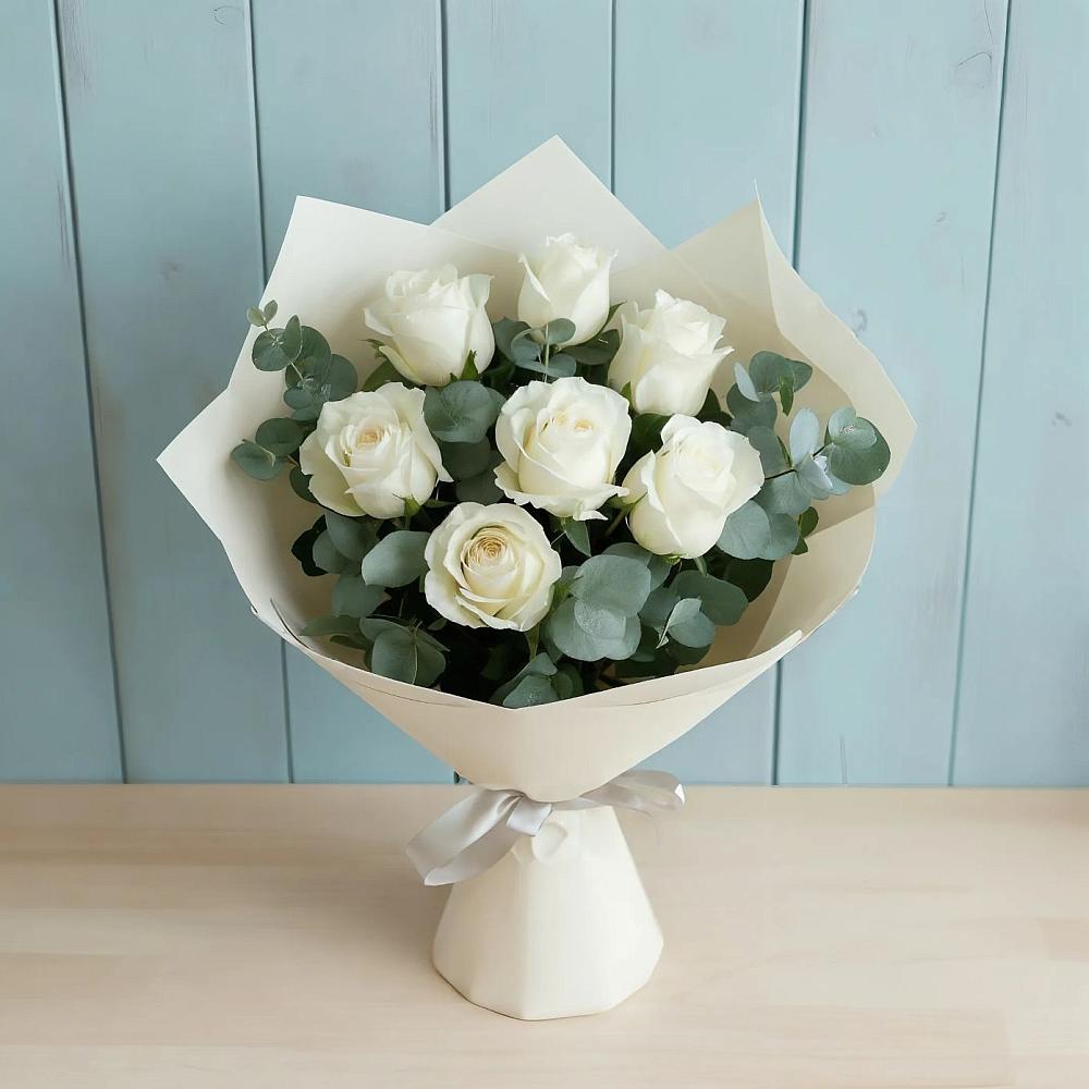 Букет Белые розы в Эвкалипте в Глухово
