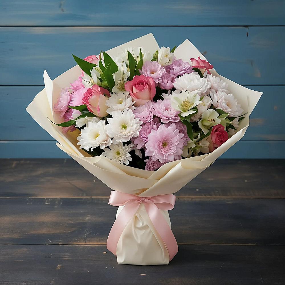 Букет цветов из: Хризантемы, Альстромерии и Розы в Глухово